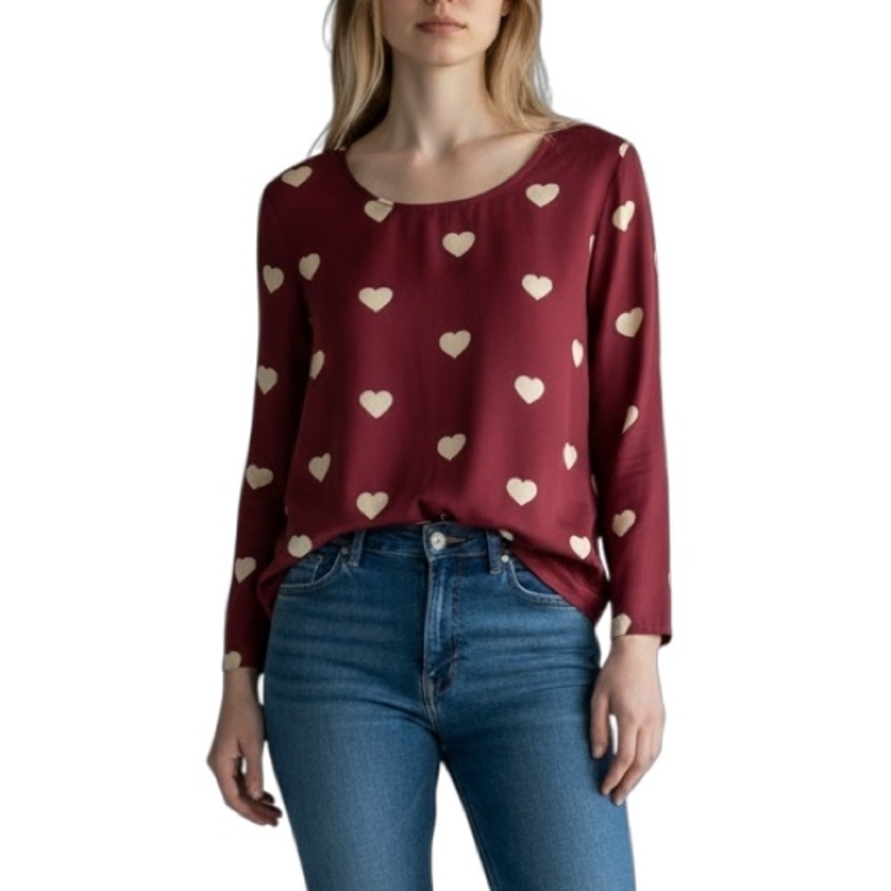 ✨3/$21✨ Zoe & Sam 100% Silk Heart Print Blouse Burgundy Cream XS